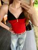 #Summer new pure desire wind fake two-piece contrasting color splicing sling vest female slim one-piece with chest pad