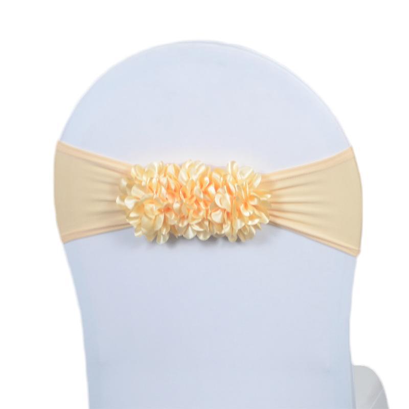 Faixa de Cadeira de Cetim Elástico em Várias Cores Design Elástico com Flor 3D Para Decoração de Casamento Banquete Festa Evento