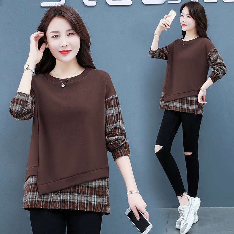 women's Plaid Patchwork Fake Two Piece Sweatshirt Round Neck Long Sleeve Loose Casual Autumn Basic Top