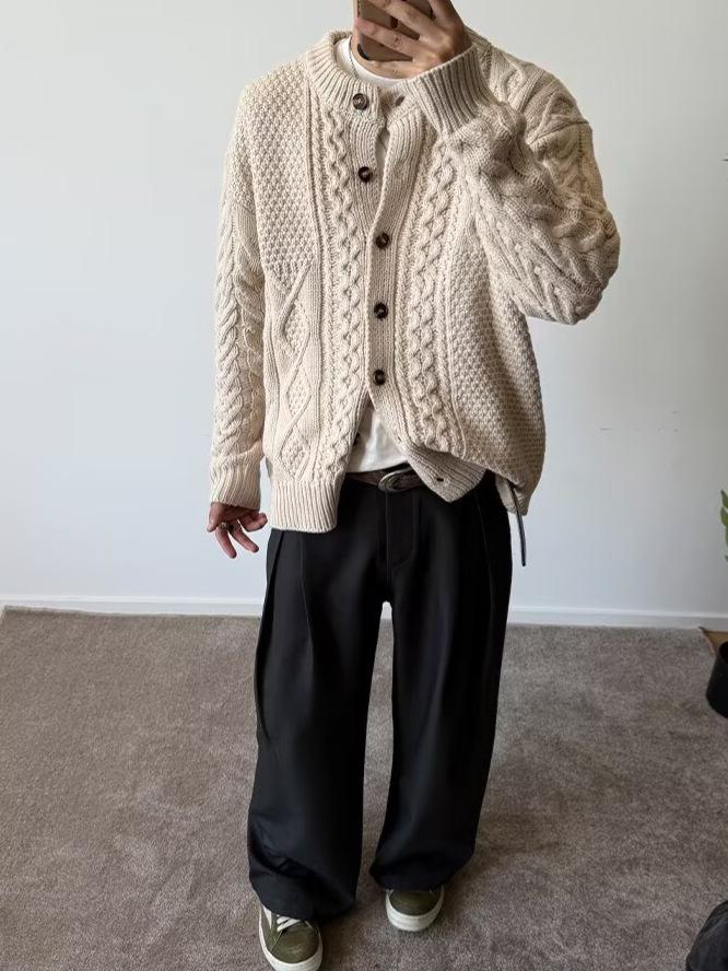 Men's Autumn Winter Retro Knit Sweater Coat - Casual & Trendy, Stand Collar