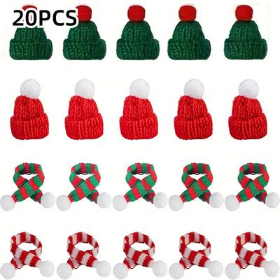 20 piezas Mini Juego de Gorro y Bufanda de Dedos Tejidos Navideños: 10 Sombreros Rojos y Verdes + 10 Bufandas, Exquisitos Suministros para Manualidades DIY para Decoración de Muñeco de Nieve y Árbol