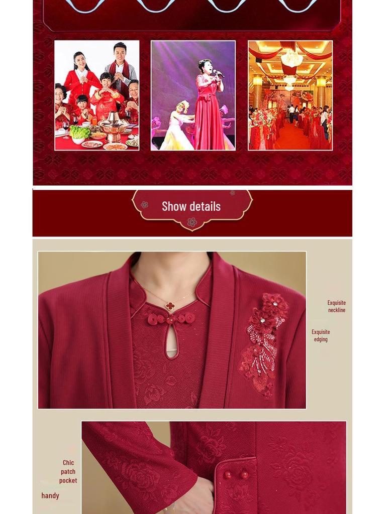 Winter Mother-in-law Wedding Outfit 2025: Velvet-Enhanced Dress Suit for Middle-Aged & Elderly Mothers.