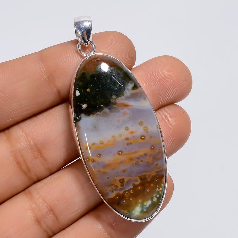 

Dazzling Top Grade Qualite 100% Natural Ocean Jasper Oval Shape Ethnic Style Handmade Jewelry 925 Steling Silver Plated Pendant 2.2 WSJ5023 2.2