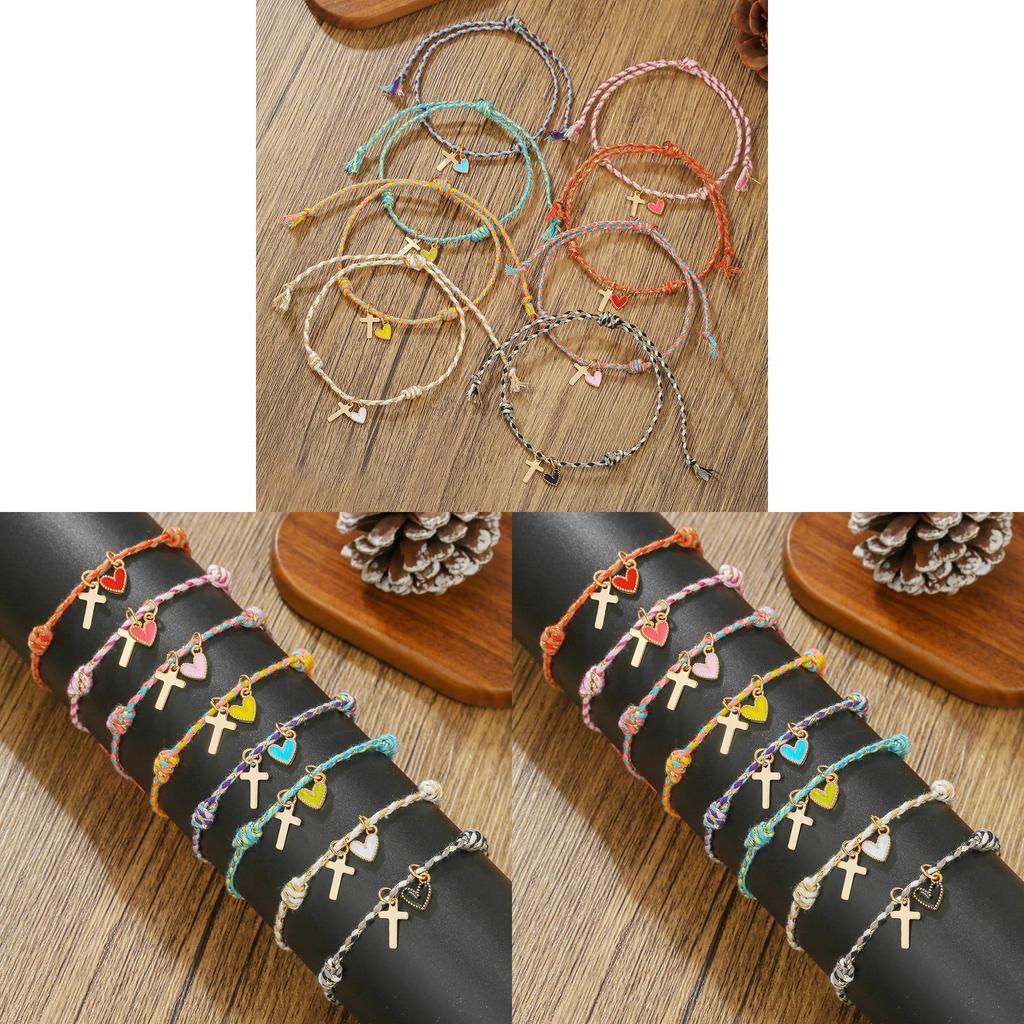 Rainbow Woven Love Heart Friendship Bracelet With Gold Cross Pendant For Women