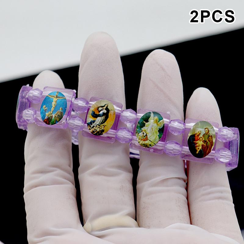 2Pcs Vintage Jesus And Virgin Mary Pvc Rosary Bead Bracelet With Elastic Band Religious Image Stickers For Daily Wear Parties