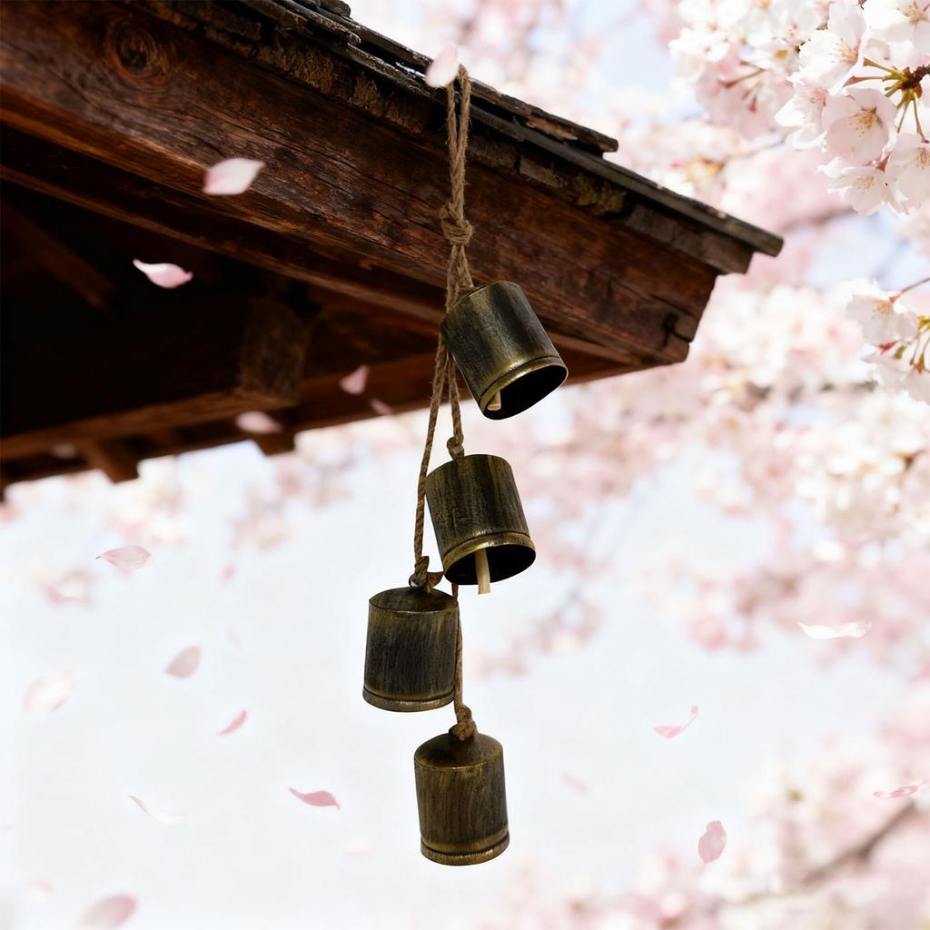 Cloches en Laiton Suspendues Cloches de Vache Tibétaines Faites Main avec 4 Cloches Corde de Jute Pour Décor de Noël Tendance