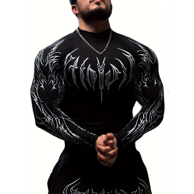 Men's Tight Fitting Long Sleeved Shirt With Geometric Print High Neck Fitness T-shirt Suitable For Gym Men's Seasonal Sportswear