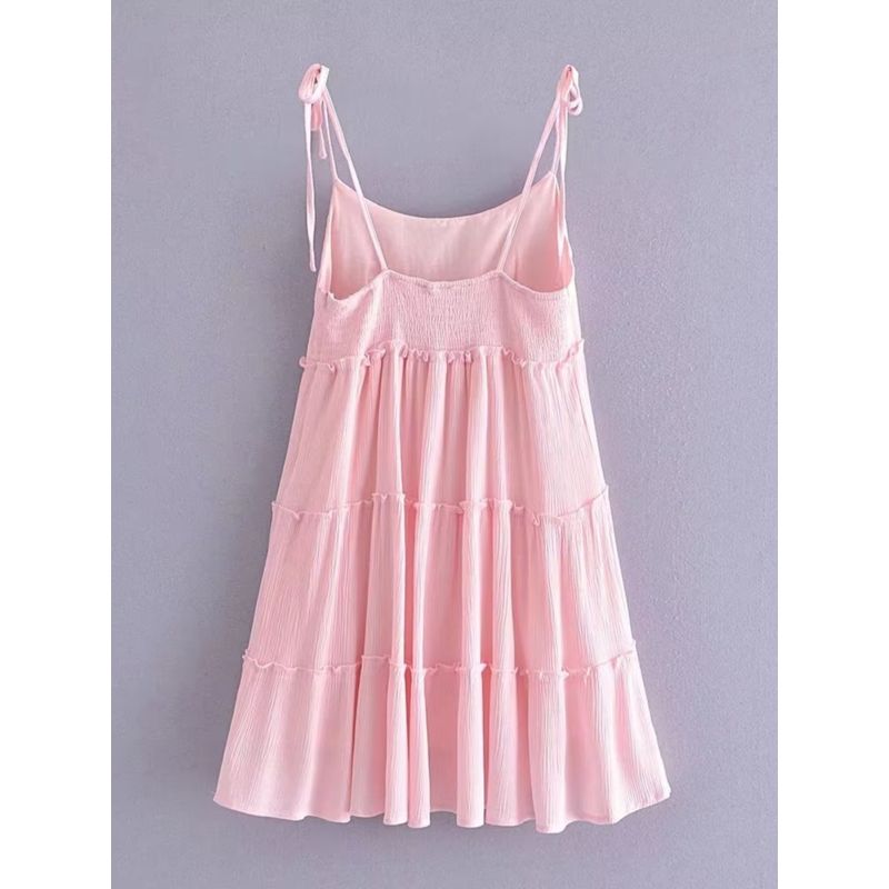 Kaslead New Arrival Women's Clothing Fashion Style Layered Patchwork Pink Sling Dress Loose Versatile Short Skirt