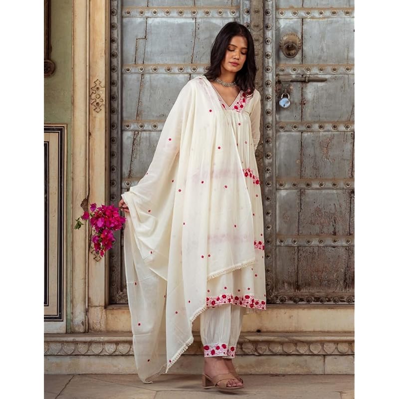 GoSriKi Women s Rayon Blend Anarkali Embroidered Kurta with Pant & Dupatta (RAASHI Cream-GS_XL_Cream_X-Large) XL кремовый