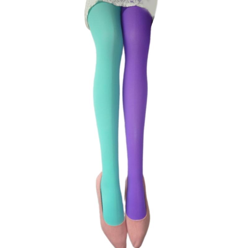 Two Tone Candy Colored Contrast Tights Stockings Open Crotch Designs Asymmetrical Multicolor Pantyhose Hosiery for Women
