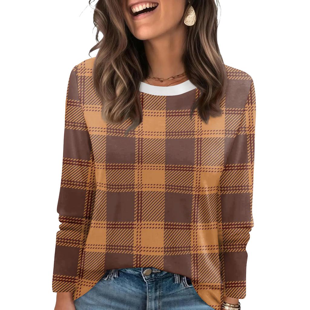 Ladies' Plaid Printed Fashionable Casual Round Neck Long Sleeved Round Neck Top