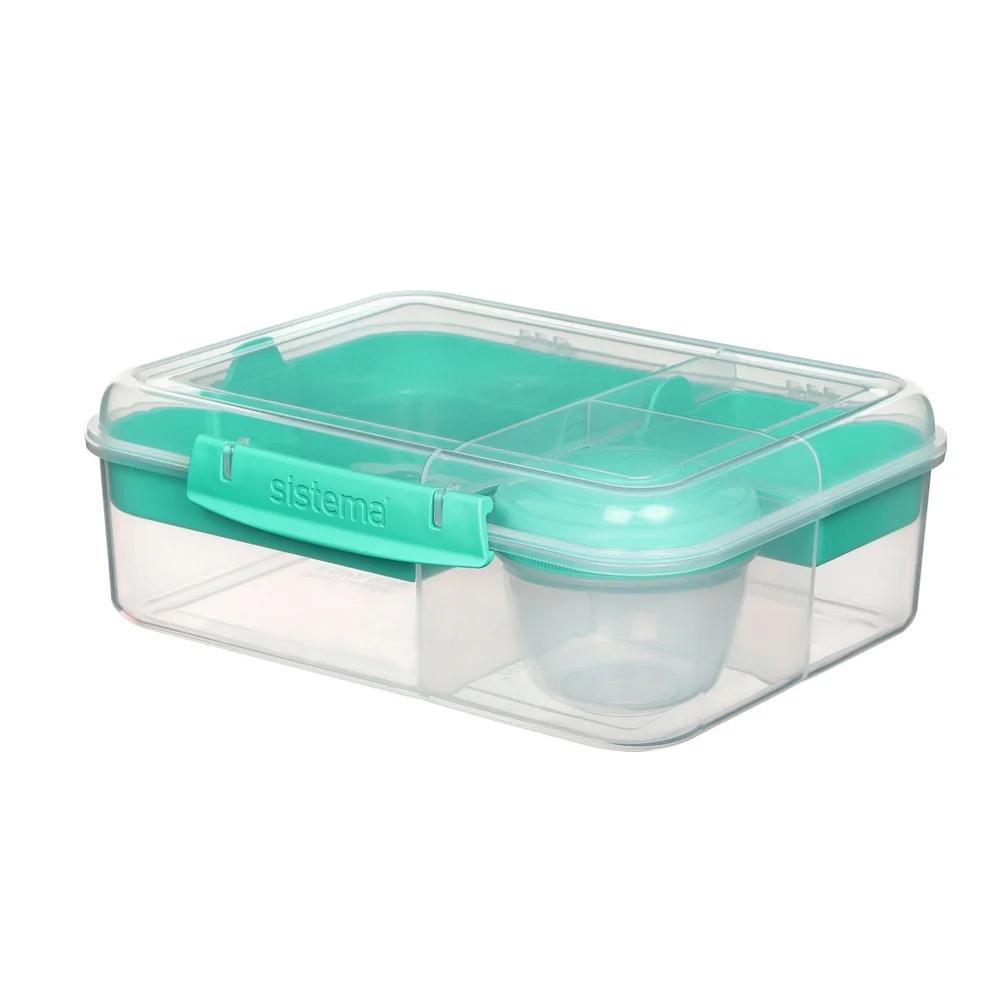 Plastic Bento Lunch Box with Yogurt Pot Microwave Safe Freezer Safe Stackable Easy Locking Clip Multiple Compartments Teal