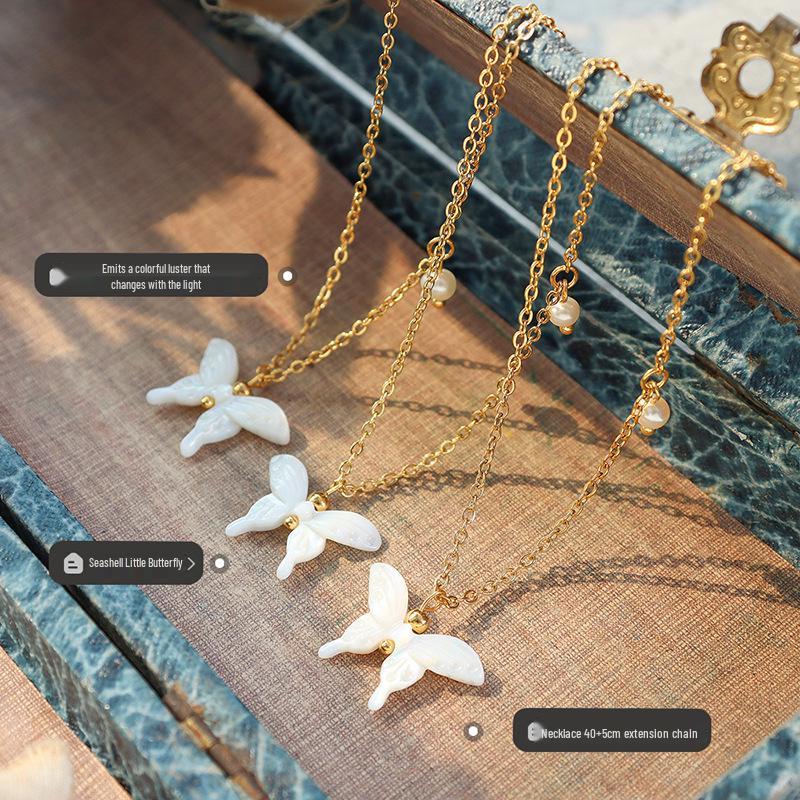 Seashell Carved Butterfly Pearl Necklace - Korean Style Pendant Jewelry