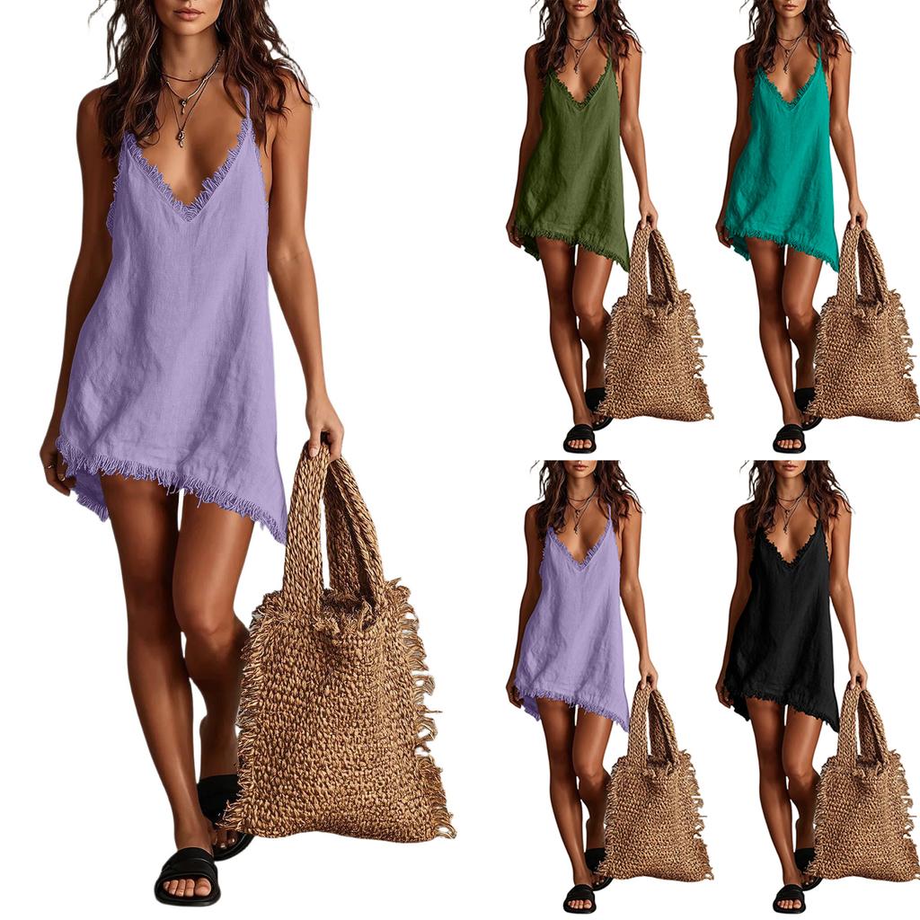 Abito Colorato da Donna con Bordi, Scollo a V e Spalline Sottili per Uso Casual