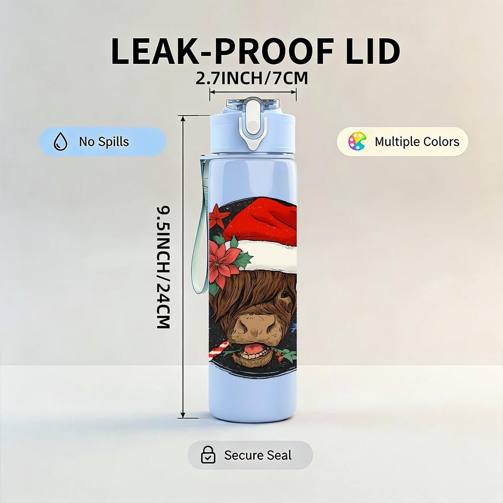 1PC Highland Cow Christmas Wreath 750ml Color Plastic Sports Water Bottle Leakproof Flip Straw Lid Suitable for Sports Office Home Use