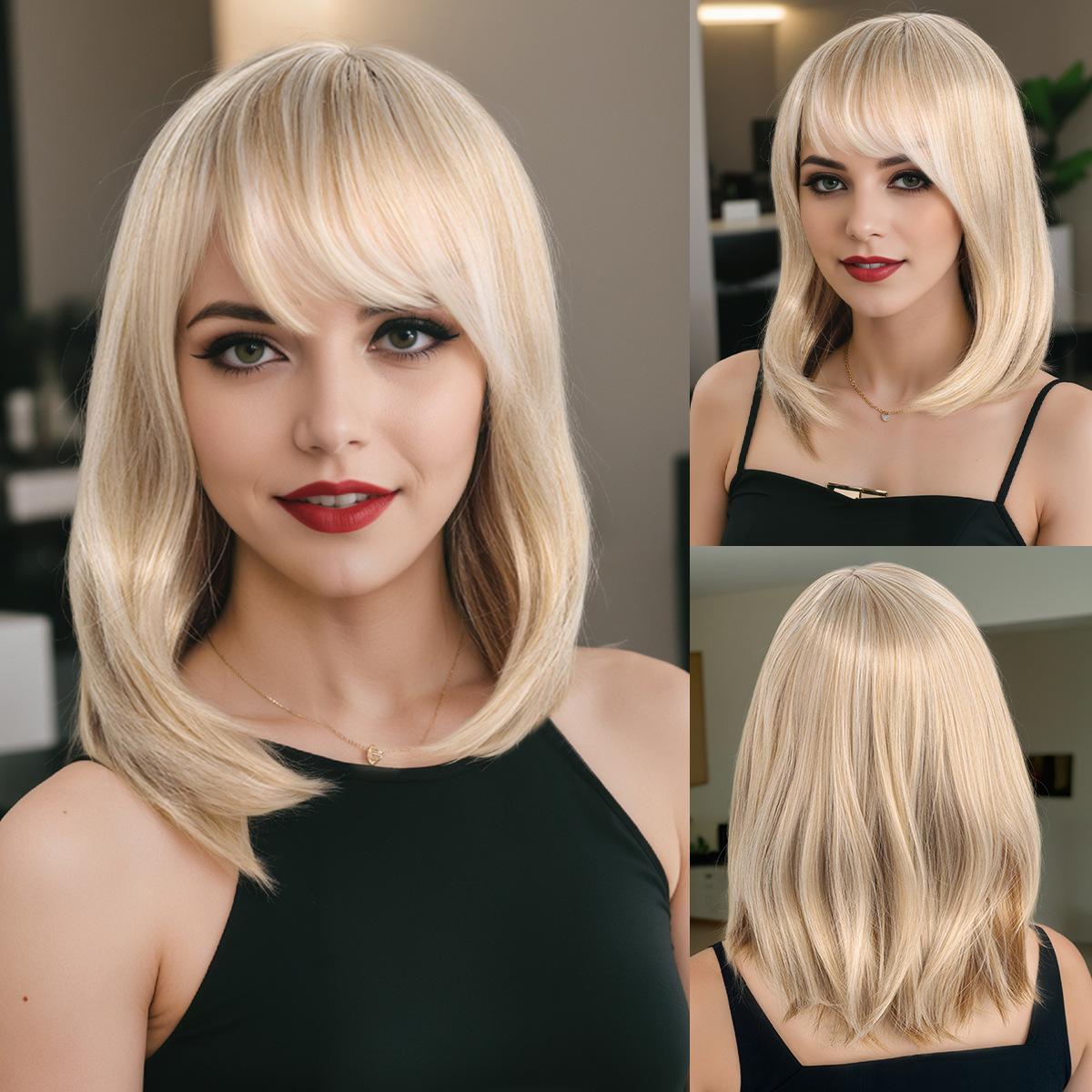 

Fashion shoulder Length Mixed Blonde Brown Hair Synthetic Layered Wave Wigs for Women Daily Cosplay Use Heat Resistant Fibre