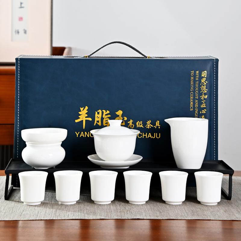 

Ceramic suet jade complete tea set full set white porcelain cover bowl gift box set