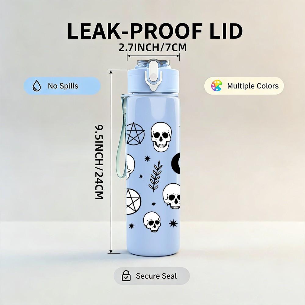 1PC Skull Moon Witch Pattern 750ml Color Plastic Sports Water Bottle Leakproof Flip Straw Lid Suitable for Sports Office Home Use