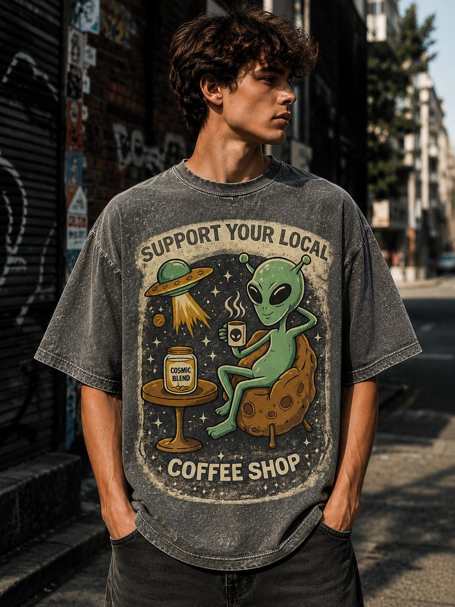 Alien Coffee Shop Shirt, Retro Cosmic Cafe Graphic Tee, Space Lover Gift XL