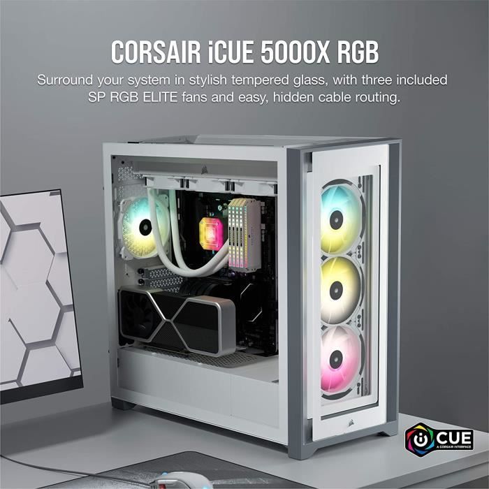 Boîtier PC - CORSAIR - CC-9011213-WW - ATX iCUE 5000X RGB - Moyen-tour intelligent en verre trempé - Blanc