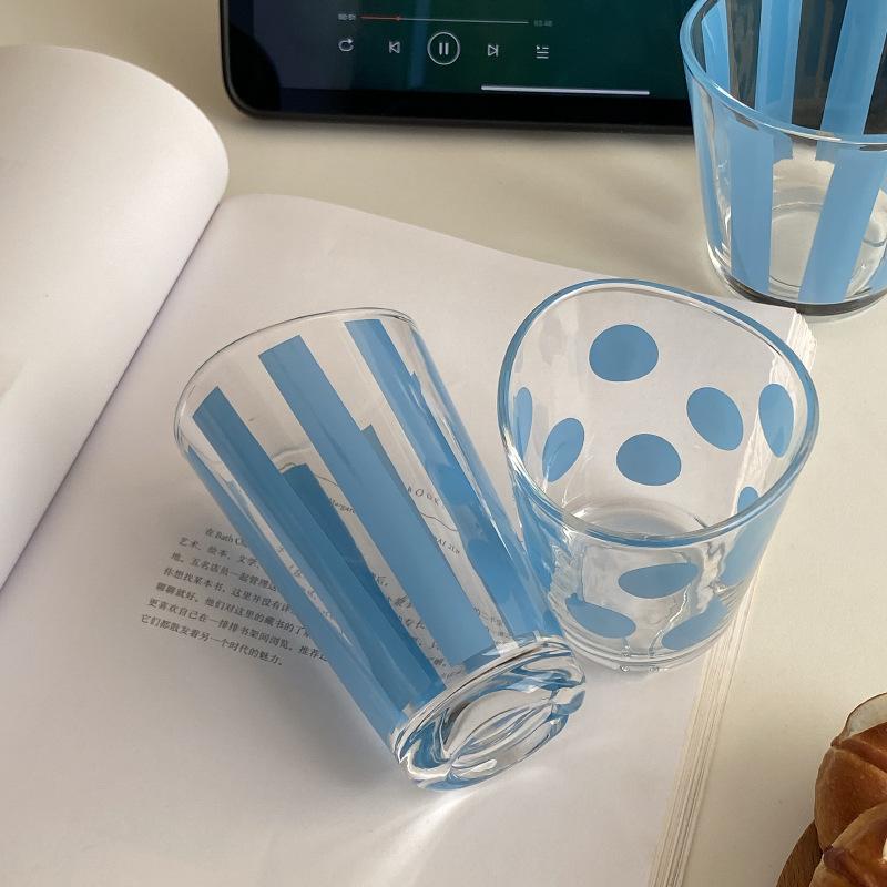 Homemade Retro Small Fresh Glass, Blue Striped Polka Dot Irregular Water Cup Milk Cup Niche Simple