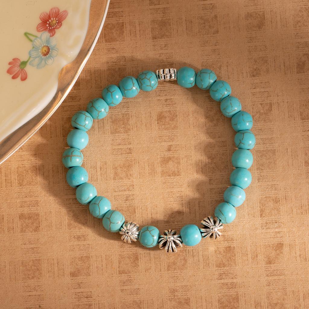 Imitation Türkis Perlen Elastisches Seil Schmuck, Retro Ethnischer Stil Bohème Mode Temperament Armband.