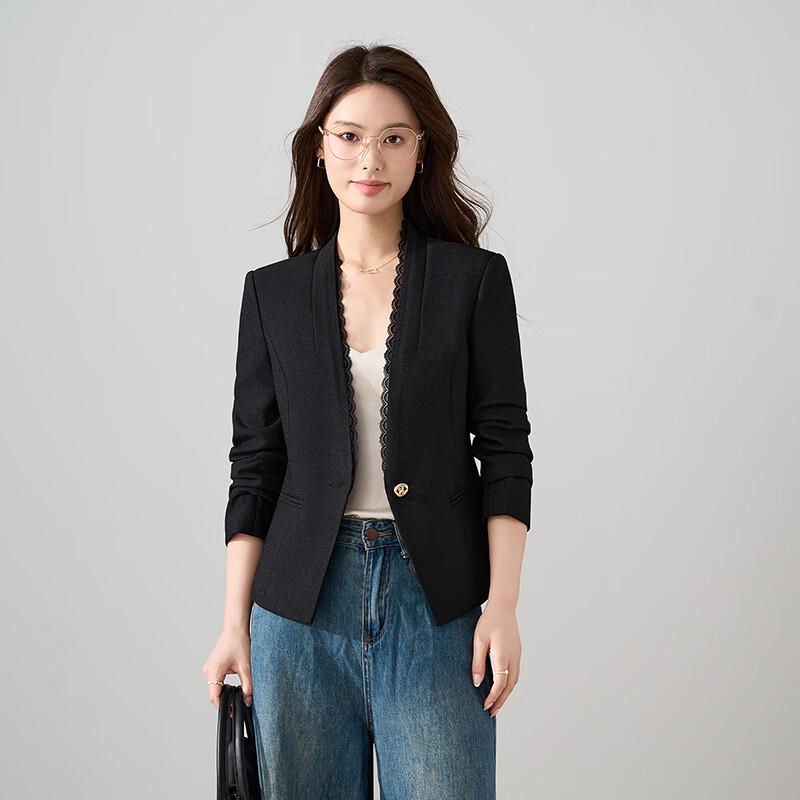 Женский костюмный жакет без воротника с кружевной отделкой L