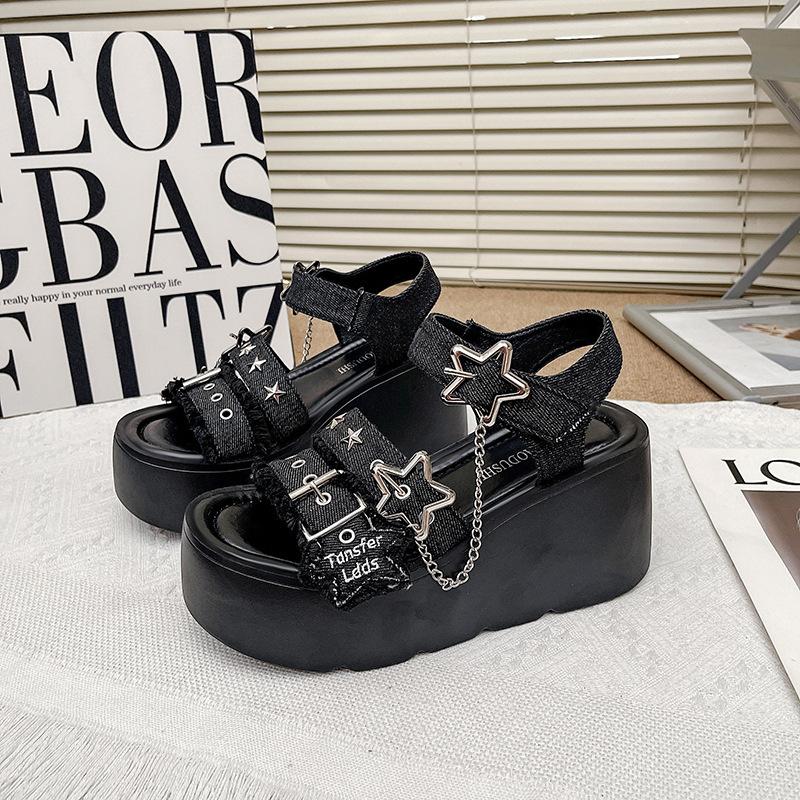 

Platform sandals denim muffin wedge heel versatile summer women s shoes 42 чёрный