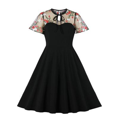 Spring and Autumn European and American Fashion Women's Wear Mesh Polka Splicing Puff Skirt Retro Large Swing Dress