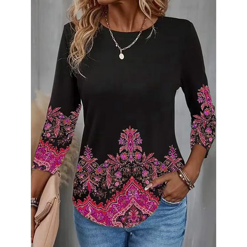 

Модная женская футболка с цветочным принтом, длинный рукав, повседневная, выходного дня, повседневная, базовая, с круглым вырезом, стандартный крой, свитшот с цветочным рисунком, осень 8XL