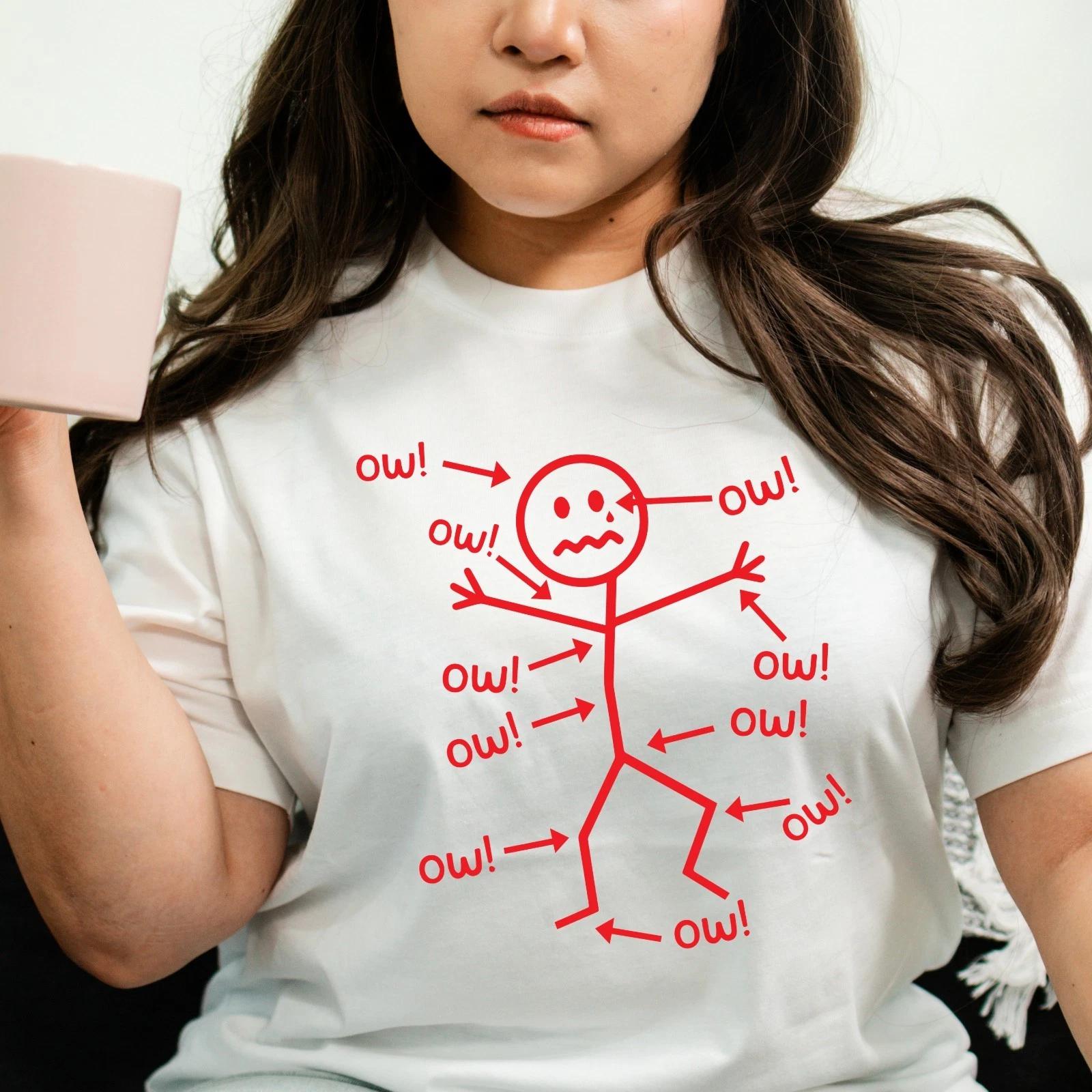 Funny Stick Figure Ow T-Shirt Sarcastic Pain Humor Graphic T Shirt Unisex Tee L