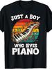 Unisex T-shirt Men'S And Women'S T-Shirt, Retro Vintage Style, Just a Boy Who Loves Piano Keyboard Music Notes Grap