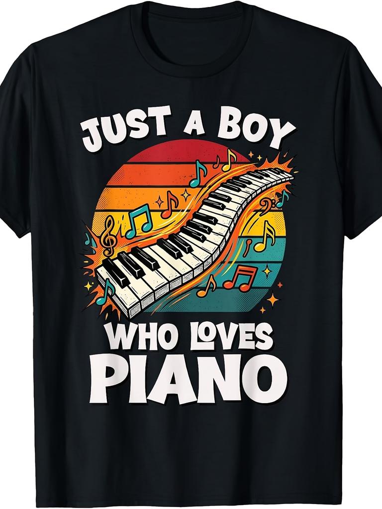 Unisex T-shirt Men'S And Women'S T-Shirt, Retro Vintage Style, Just a Boy Who Loves Piano Keyboard Music Notes Grap