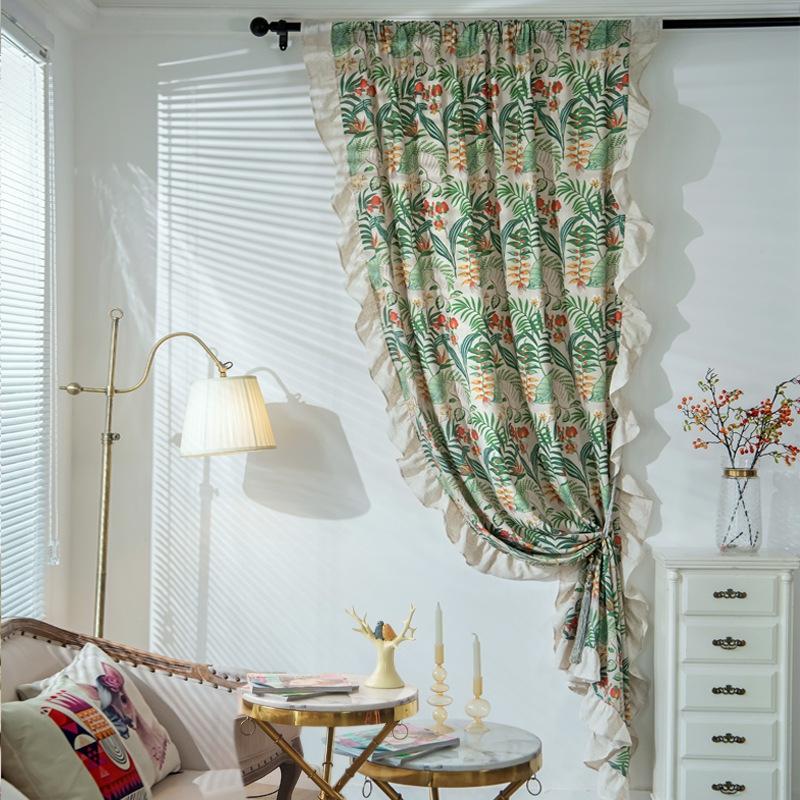 Light Luxury Green Plants Ruffle Edge Curtain Finished Wholesale Bedroom Kitchen Curtain Small Valance Bay Window Hook Curtains