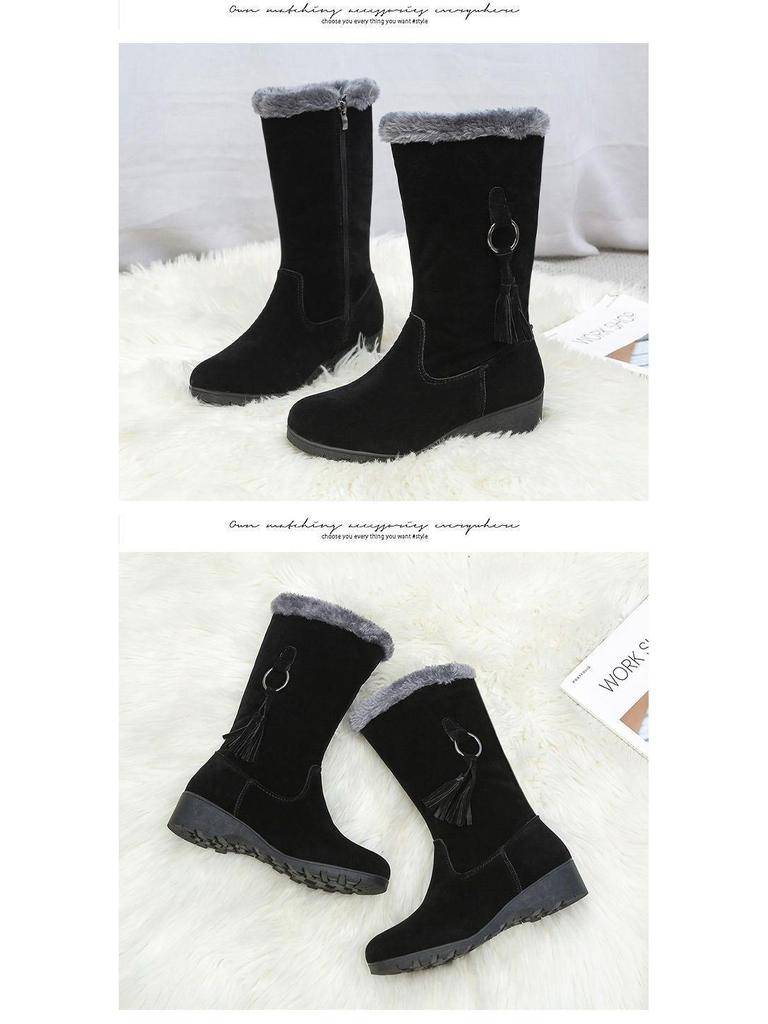 Damen Verdickte Rutschfeste Mid-Calf Schneestiefel - Warmes Fleecefutter, Vielseitige Mode Baumwolle, Schwarz