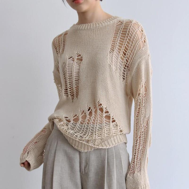 

WTEMPO Весна Лето Длинные рукава Ажурные Дышащие Свитера Однотонные Свободные Тонкие Трикотажные Пуловеры Джемперы Топы XL абрикосовый