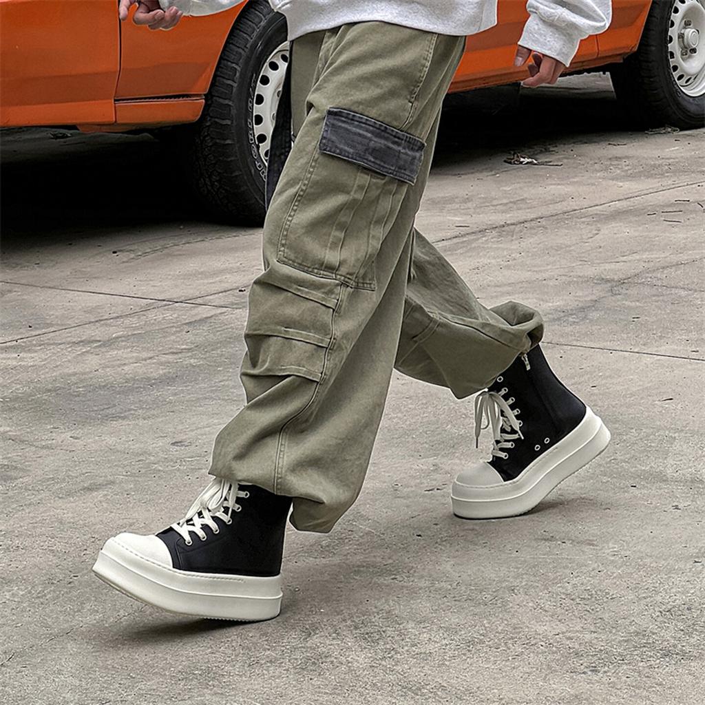 Černé a bílé vysoké skate boty se silnou podrážkou pro zvýšení výšky Pánské a dámské pár boty Boční zip Pracovní boty Jarní pokročilý pocit