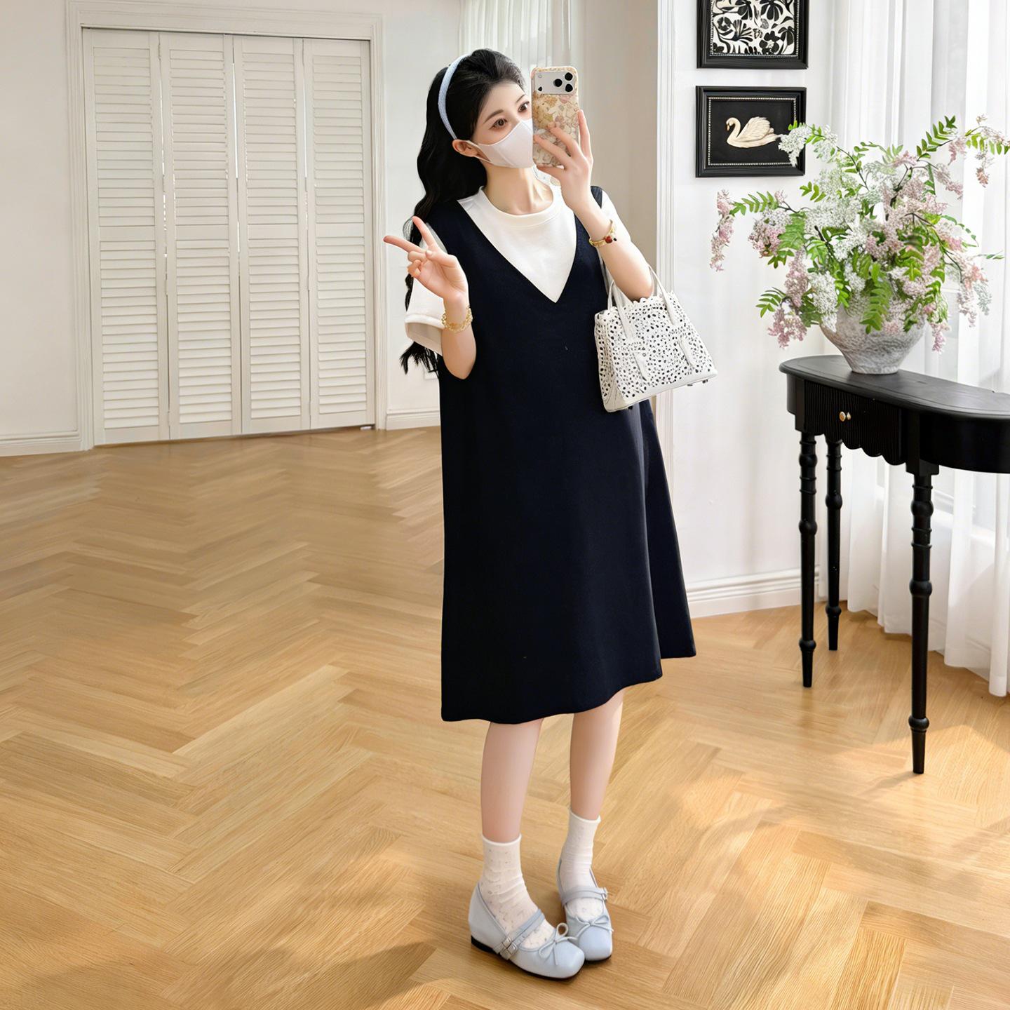 2026 Spring/Summer Maternity Short-Sleeve Patchwork Loose Fit Age-Reducing Two-Piece Dress 2XL