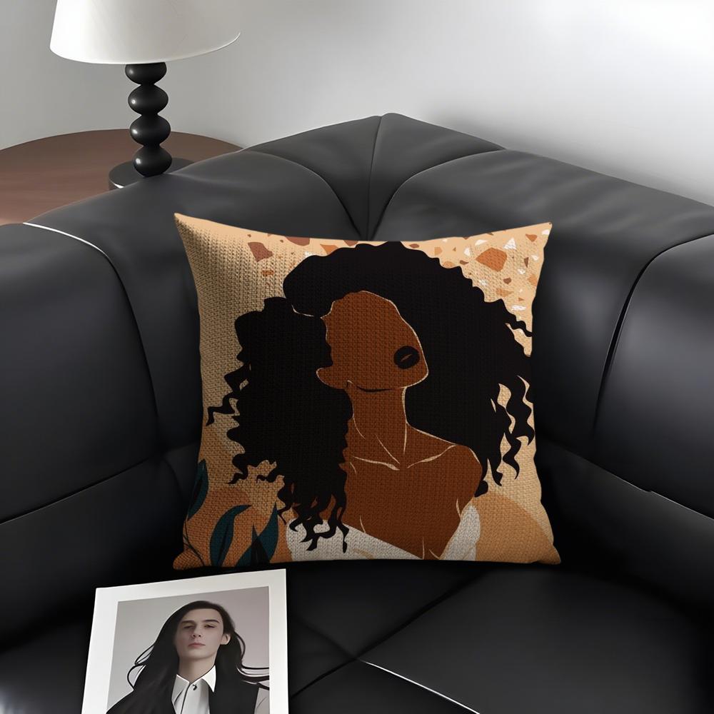 African Women Cushion Cover Natural Linen Organic Fabric Double-Sided Printing Sofa Home Decor Gift Pillow Case