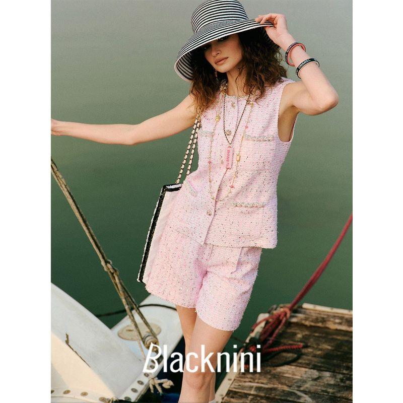 Blacknini Yin Huafu "Heart Set" European Linton Round Neck Pink Tweed Classic Style Vest/Shorts
