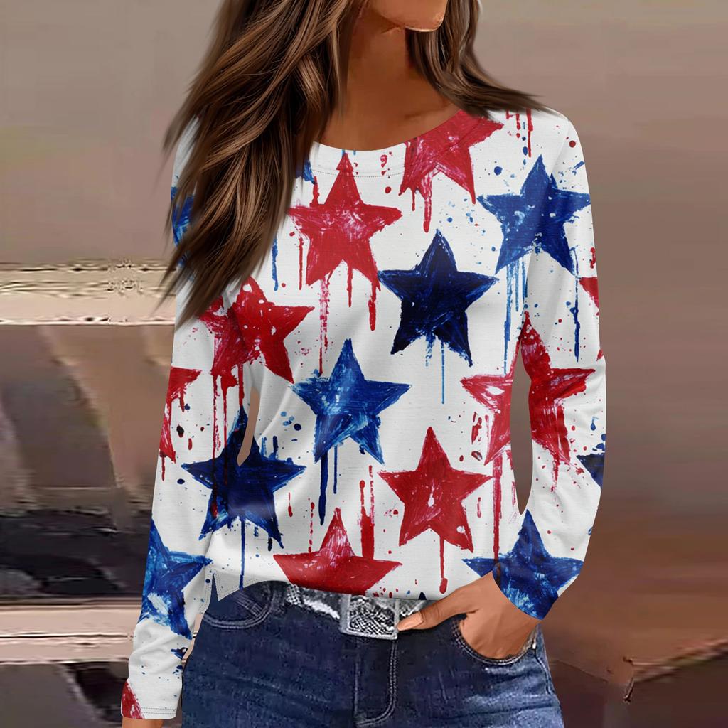 Women’s Long Sleeve Crewneck Top with Star Print Loose Fit Pullover Casual Style Comfortable Soft Fabric for Daily Wear