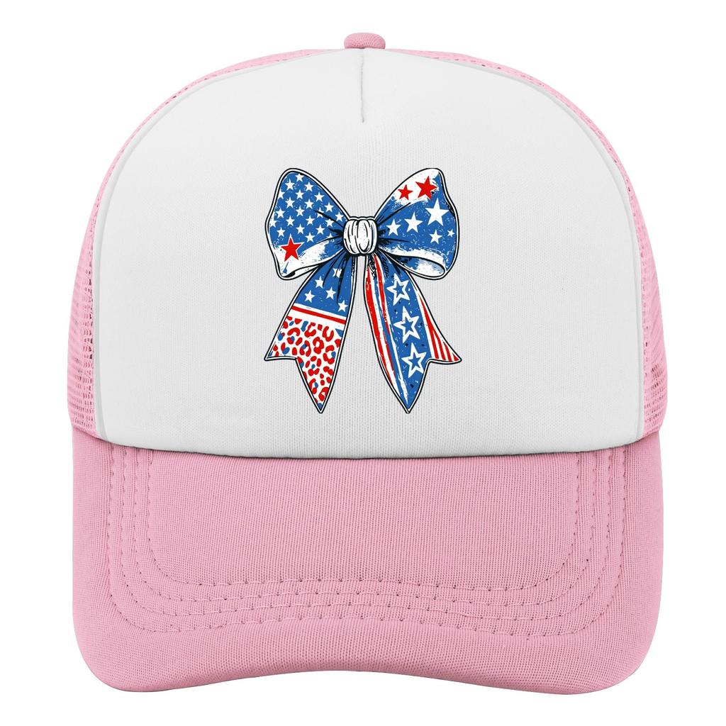 Patriotic Bow American Flag Leopard Print Trucker Hat Polyester Casual Mesh Baseball Cap for Adults