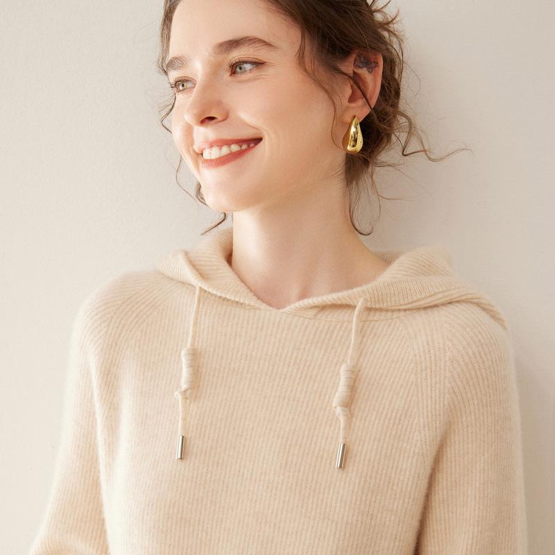 2024 Women's Autumn/Winter Cashmere Hooded Ribbed Sweater with Drawstring, 12 Gauge Knit