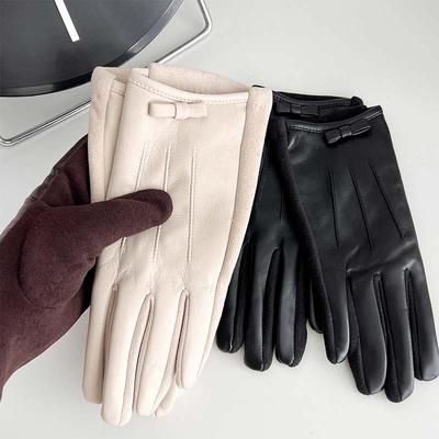 New Leather Finger Gloves for Women's Winter Outdoor Cycling, Warm and Cold Proof, Solid Color, High-end Feeling Gloves