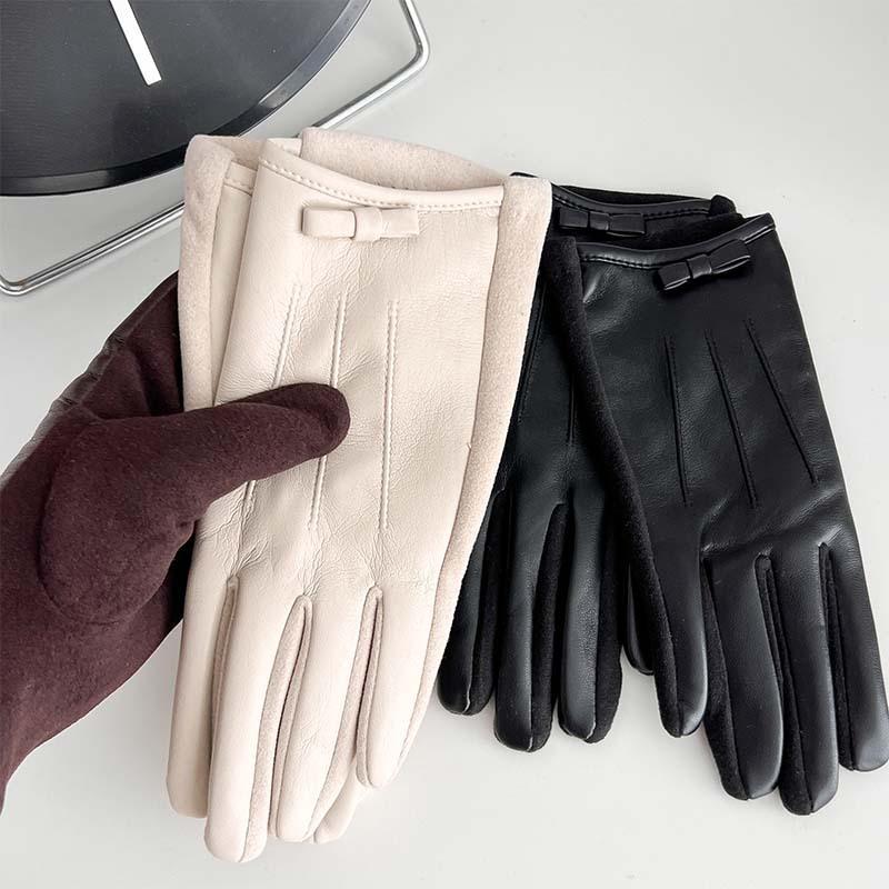 New Leather Finger Gloves for Women's Winter Outdoor Cycling, Warm and Cold Proof, Solid Color, High-end Feeling Gloves
