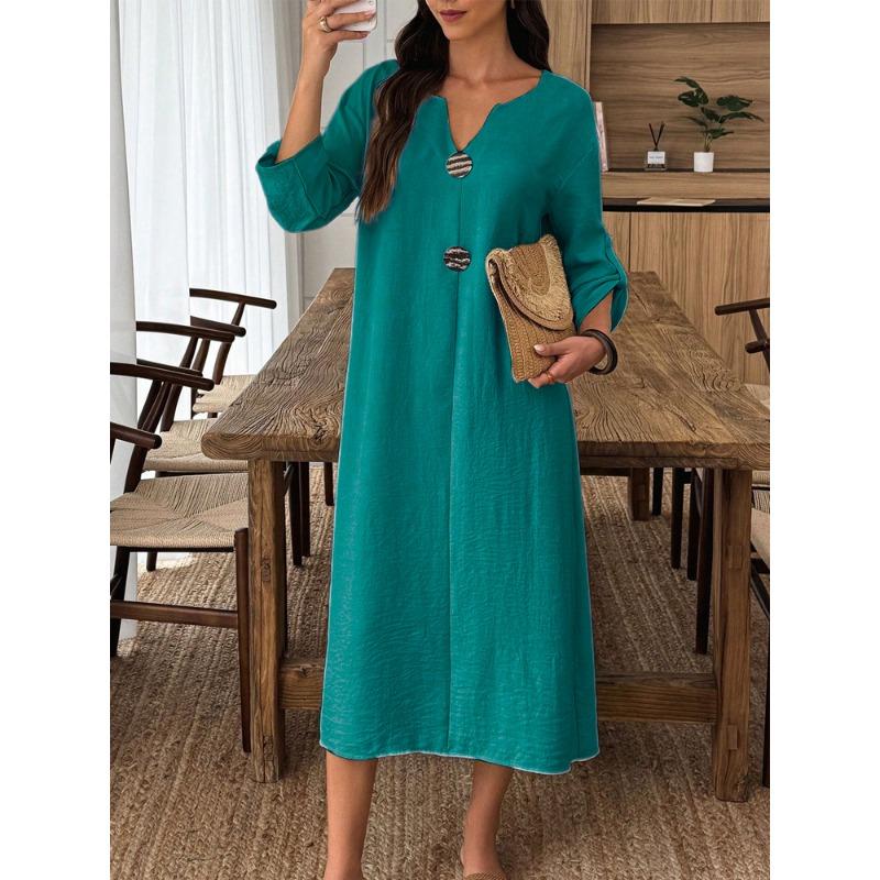 BITCED Fashion Summer Spring Solid Color Print 3/4 Sleeves V-Neck Casual Dresses