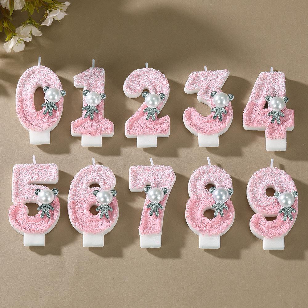 Pearl Teddy Bear Number Candles for Birthday Party Decoration - Handmade DIY Creative Candles.