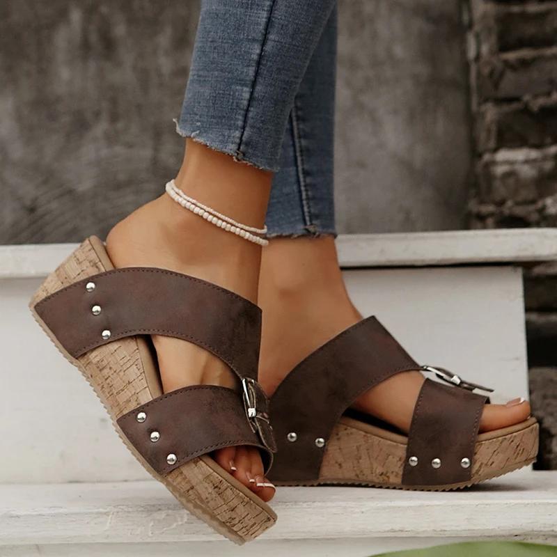 Mode Mode Schnalle Keilabsatz Pantoletten Damen Sommer Dicke Sohle Plateau Sandalen Frau Übergröße Bequeme Strandsandalen Weiblich
