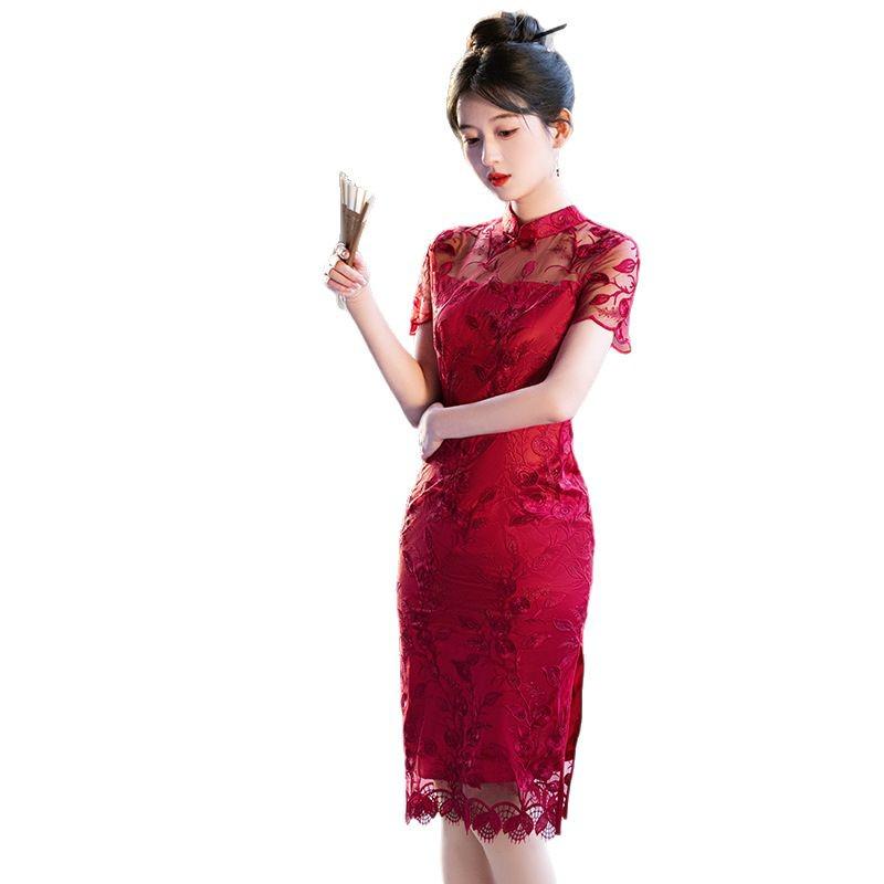Rochie Cheongsam Midi cu Broderie din Plasă cu Fante pentru Primăvara/Vara 2025