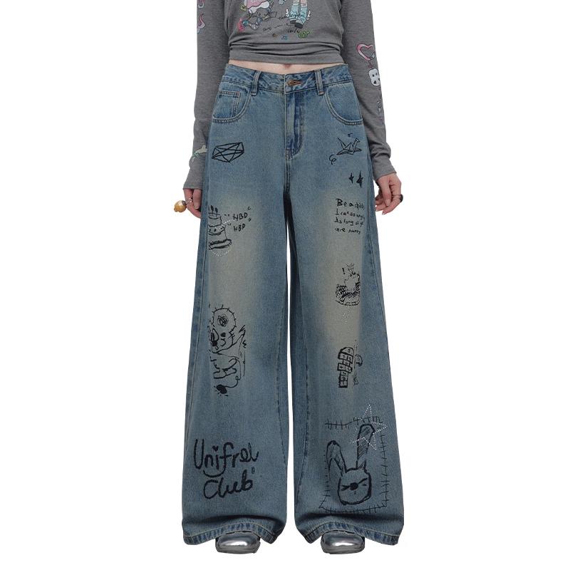 

UNIFREE Nicole Cheung Graffiti Print Denim Jeans XL